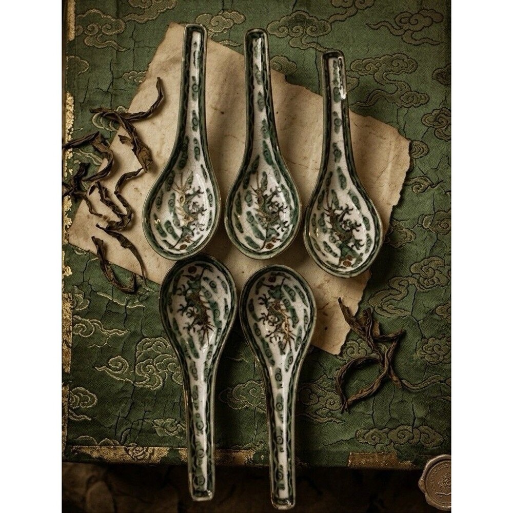 5 VTG 80s Famille Verte Porcelain Spoons Green Dragon Gold Gilt Mid Century HK